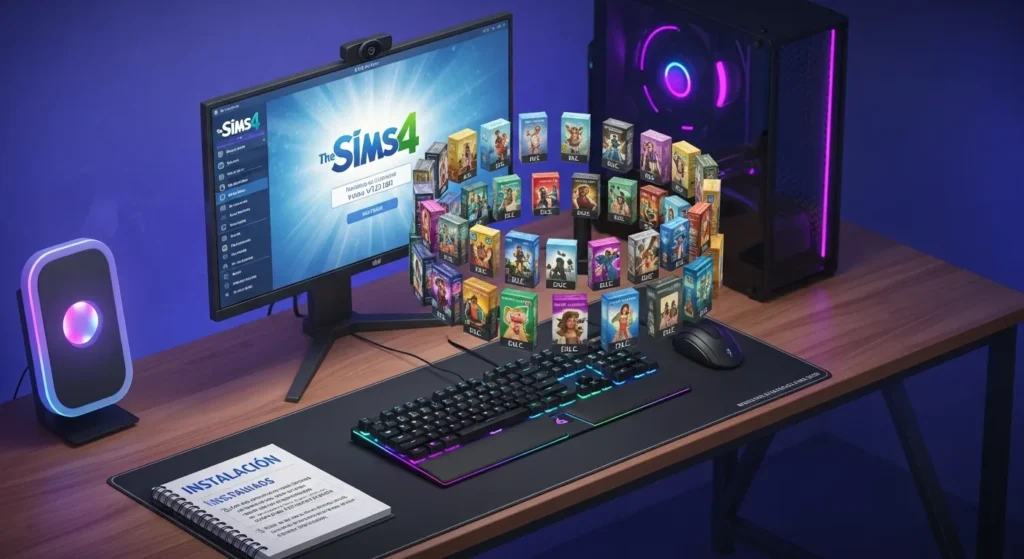 An isometric view of a Sims 4 PC setup showing a gaming computer screen displaying The Sims 4 main menu with version v1.121.361 visible