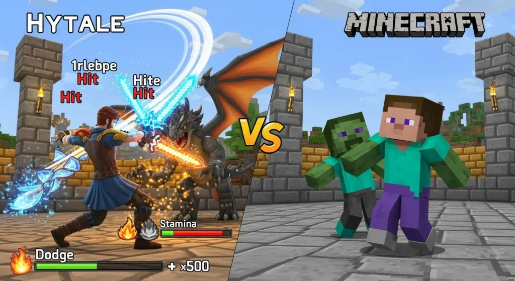Dynamic action shot comparing Hytale and Minecraft combat systems