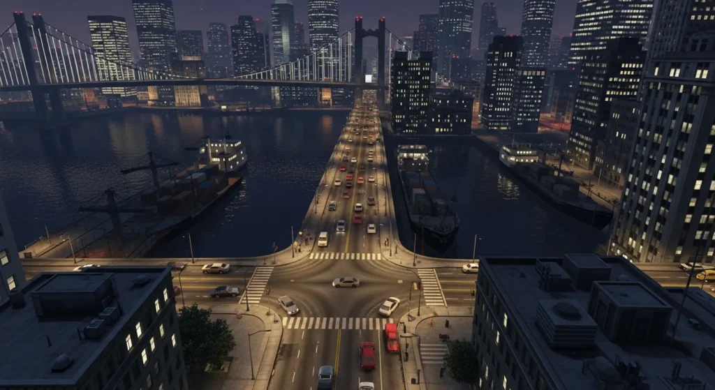 Grand Theft Auto IV at night. The Broker Bridge stretches across dark water with city lights
