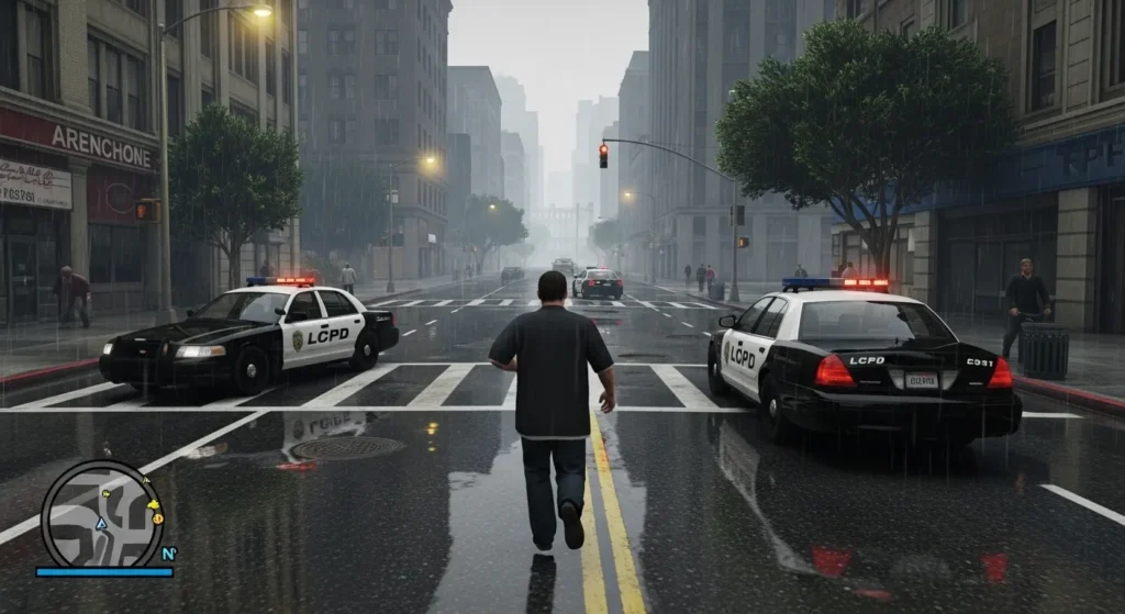 Grand Theft Auto IV. Third-person perspective showing Niko Bellic sprinting through the rain-soaked streets of Algonquin