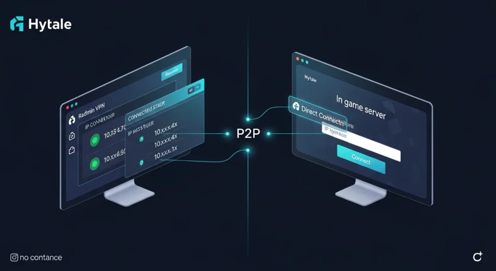 Split-screen technical diagram showing Hytale LAN multiplayer setup process